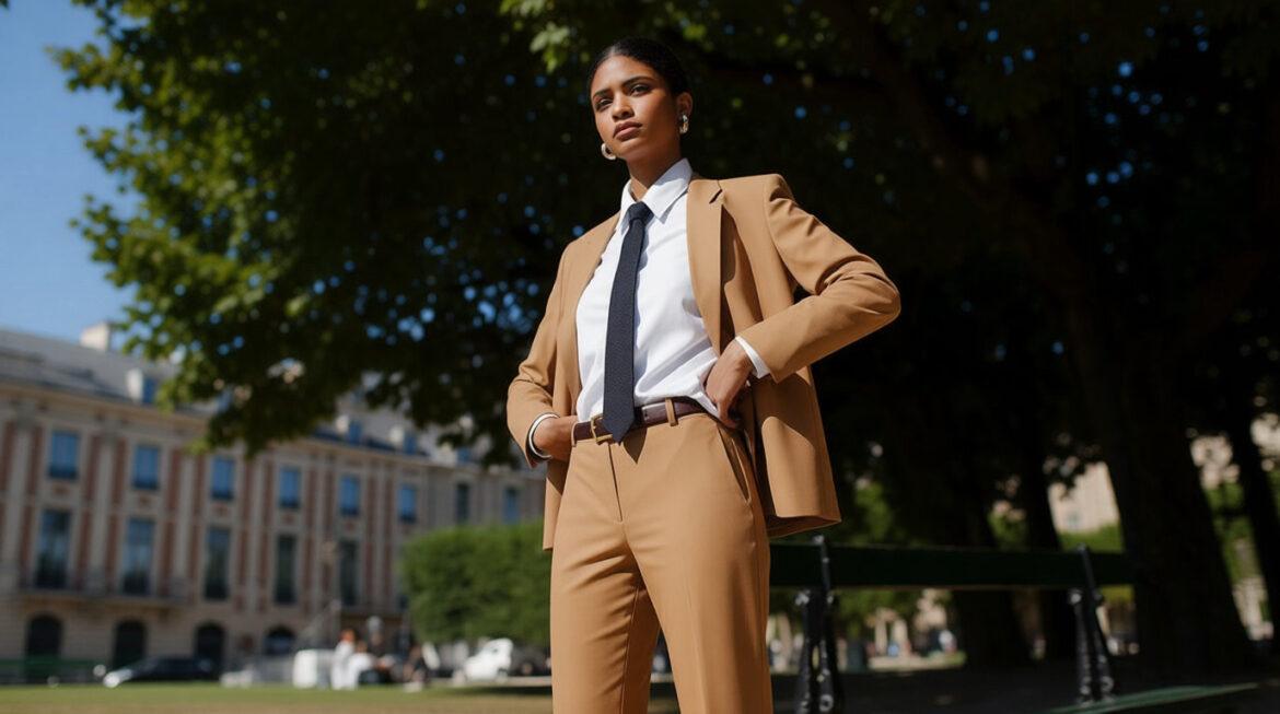 L’art de porter la couleur camel avec élégance Une femme confiante vêtue d'un élégant costume pantalon camel, d'une chemise blanche et d'une cravate noire dans un parc ensoleillé.