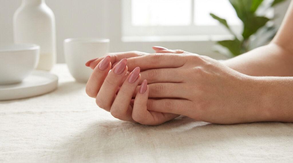 Deux mains avec des ongles manucurés de couleur rose pâle, forme amande, sur une nappe claire. Objets blancs en arrière-plan.