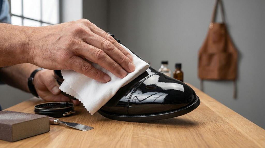 Gros plan sur des mains d'homme polissant une chaussure vernie noire avec un chiffon. Outils de cordonnerie sur une table en bois.