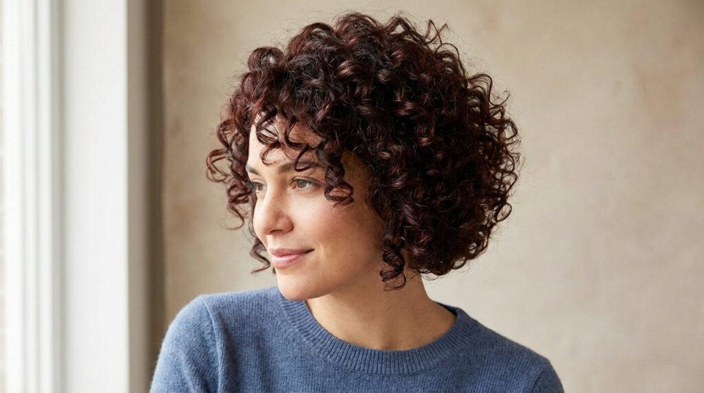Portrait d'une femme souriante aux cheveux courts frisés châtain auburn, regardant sur le côté, vêtue d'un pull bleu.