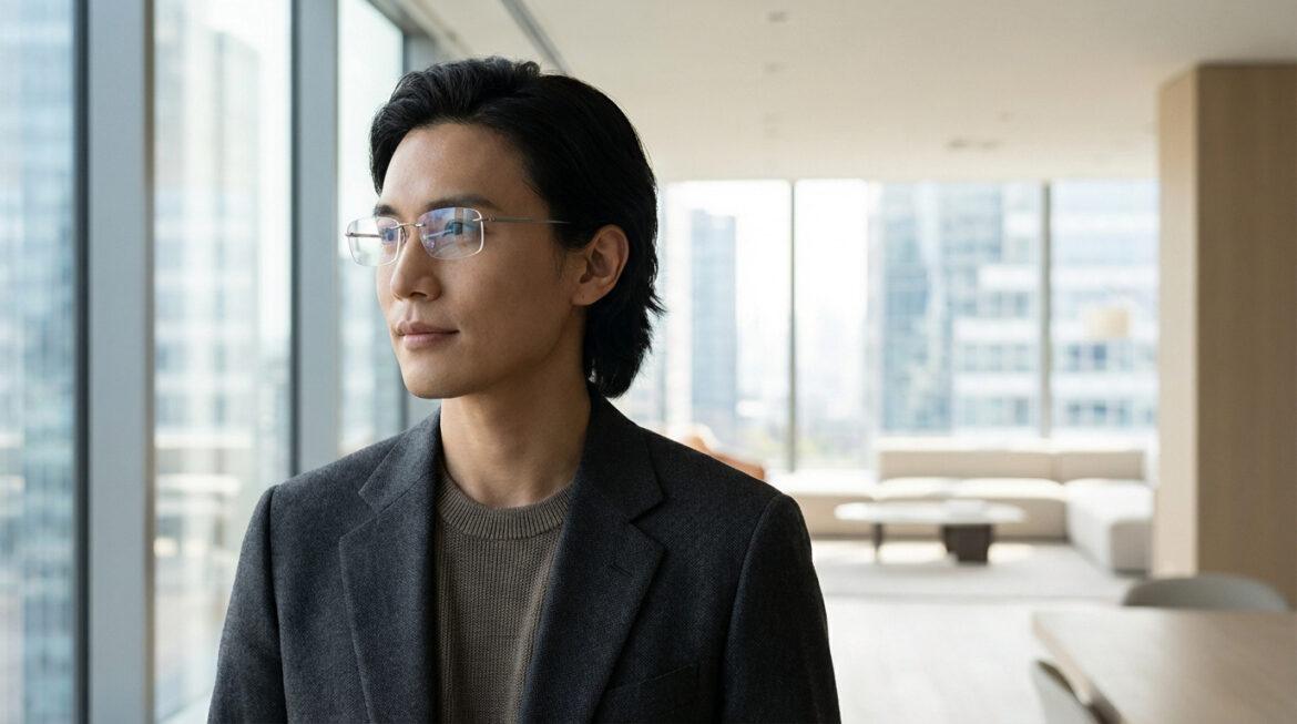 Lunettes sans monture : quels avantages et inconvénients ? Un homme aux cheveux foncés porte des lunettes sans monture, regardant pensivement. Il est dans un bureau moderne avec vue sur la ville.