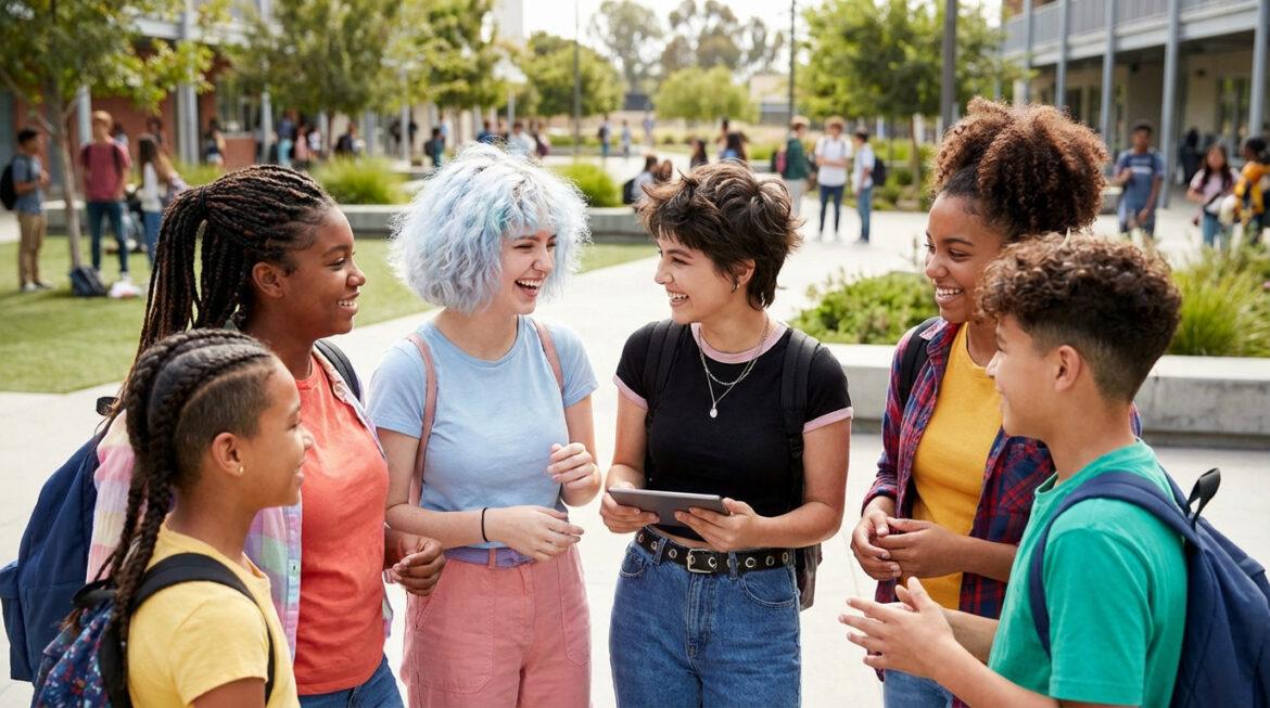Groupe diversifié d'ados souriants avec différentes coiffures modernes, discutant joyeusement à l'extérieur. L'une tient une tablette.