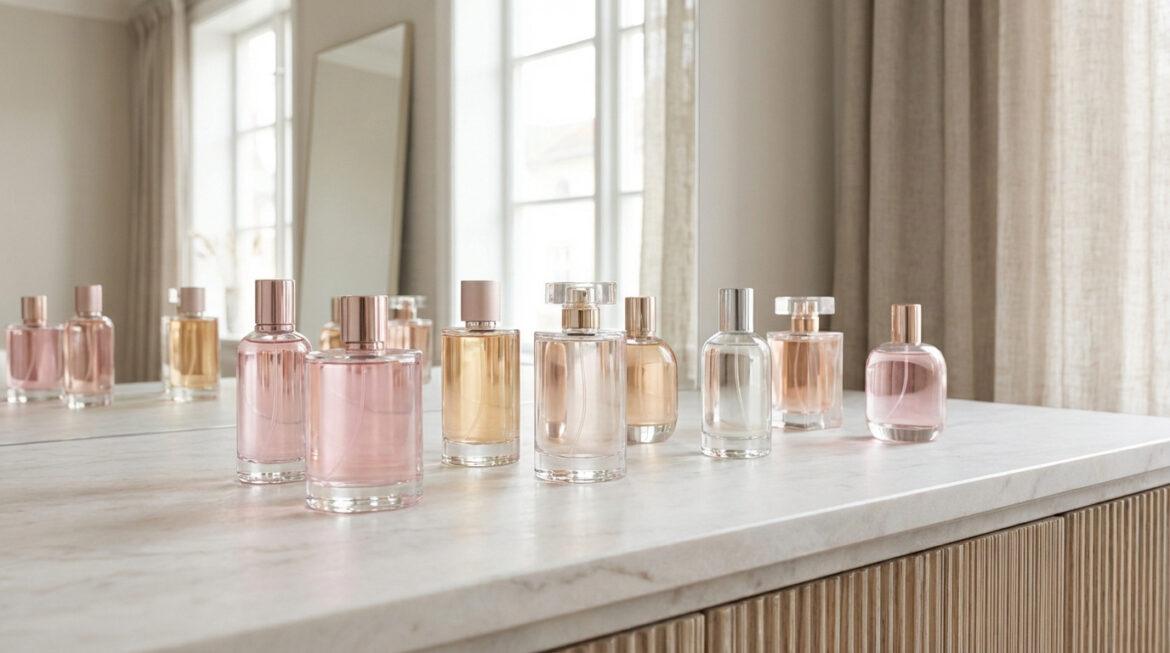 Plusieurs flacons de parfum aux liquides roses, ambrés et transparents, alignés sur une surface en marbre clair dans une pièce lumineuse.