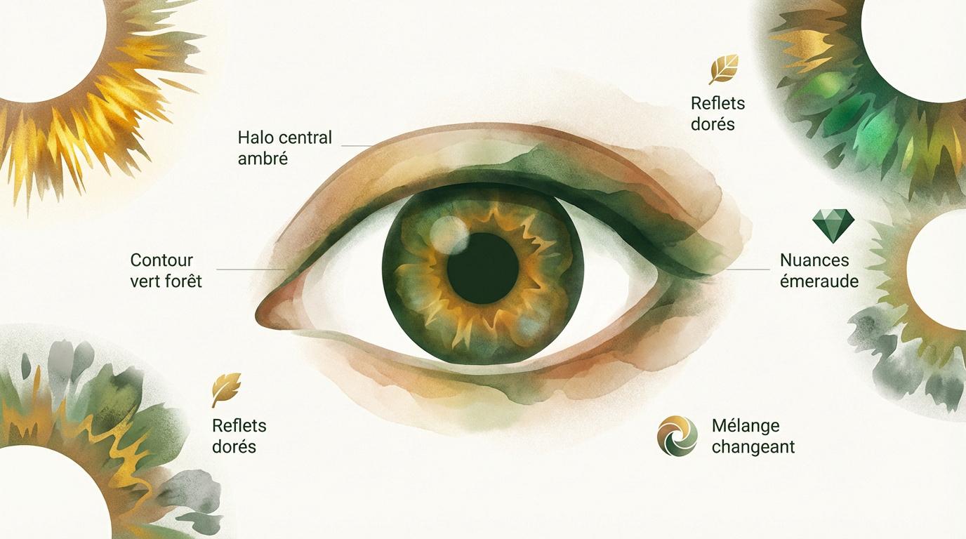 Anatomie d'un iris hazel montrant le mélange de pigments verts et bruns