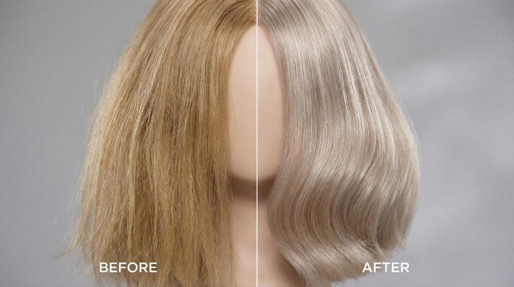 Avant/après patine cheveux : à gauche, blond doré terne ; à droite, blond cendré lumineux sur mannequin.