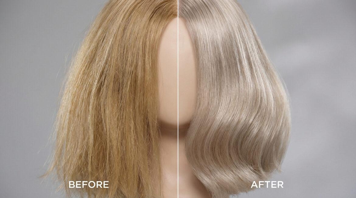 Avant/après patine cheveux : à gauche, blond doré terne ; à droite, blond cendré lumineux sur mannequin.