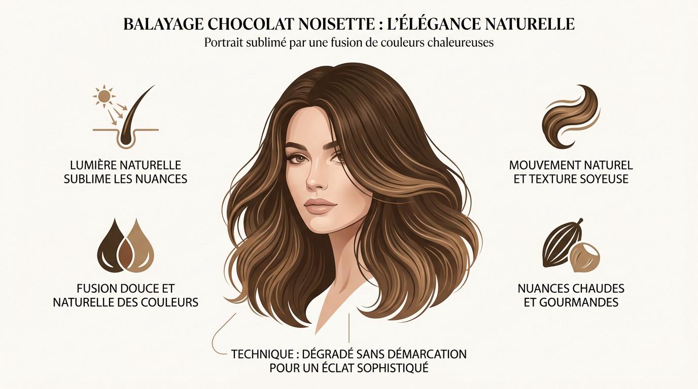 Résultat d'un balayage chocolat noisette sur cheveux bruns avec reflets lumineux