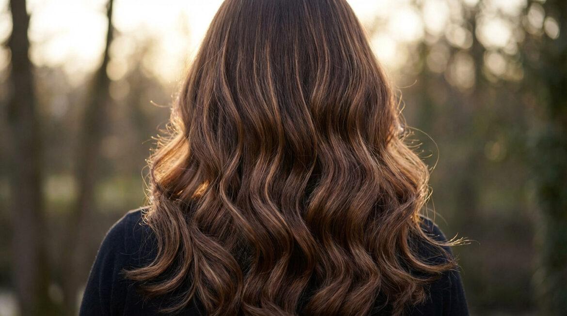 Vue de dos d'une femme aux longs cheveux ondulés avec un balayage chocolat noisette lumineux, sous un soleil couchant.