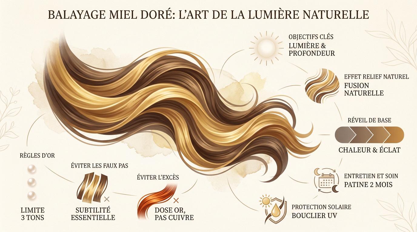 Femme avec un balayage miel doré lumineux sur une base marron