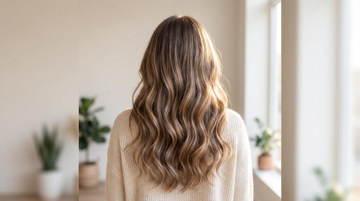 Dos d'une femme aux longs cheveux ondulés et brillants avec un balayage miel doré lumineux. Elle porte un pull crème.