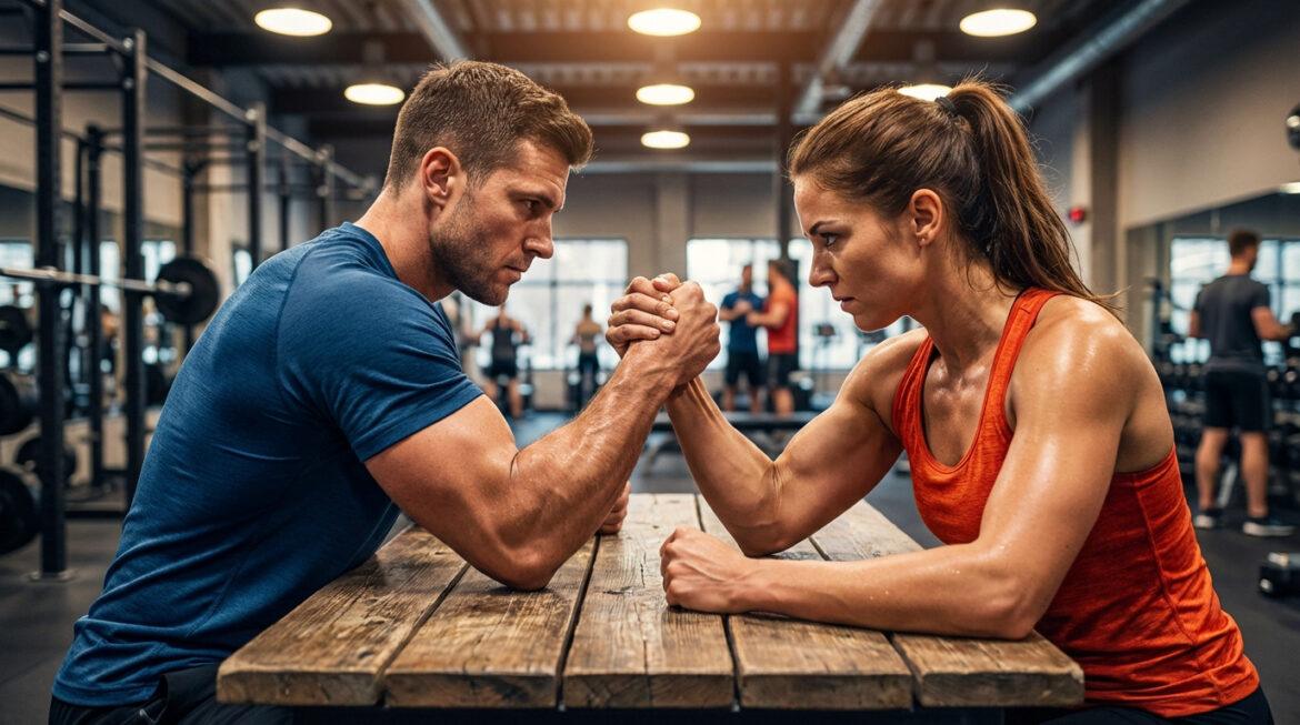 Deux athlètes en sueur, un homme et une femme, s'affrontent lors d'un bras de fer sur une table en bois dans une salle de sport.