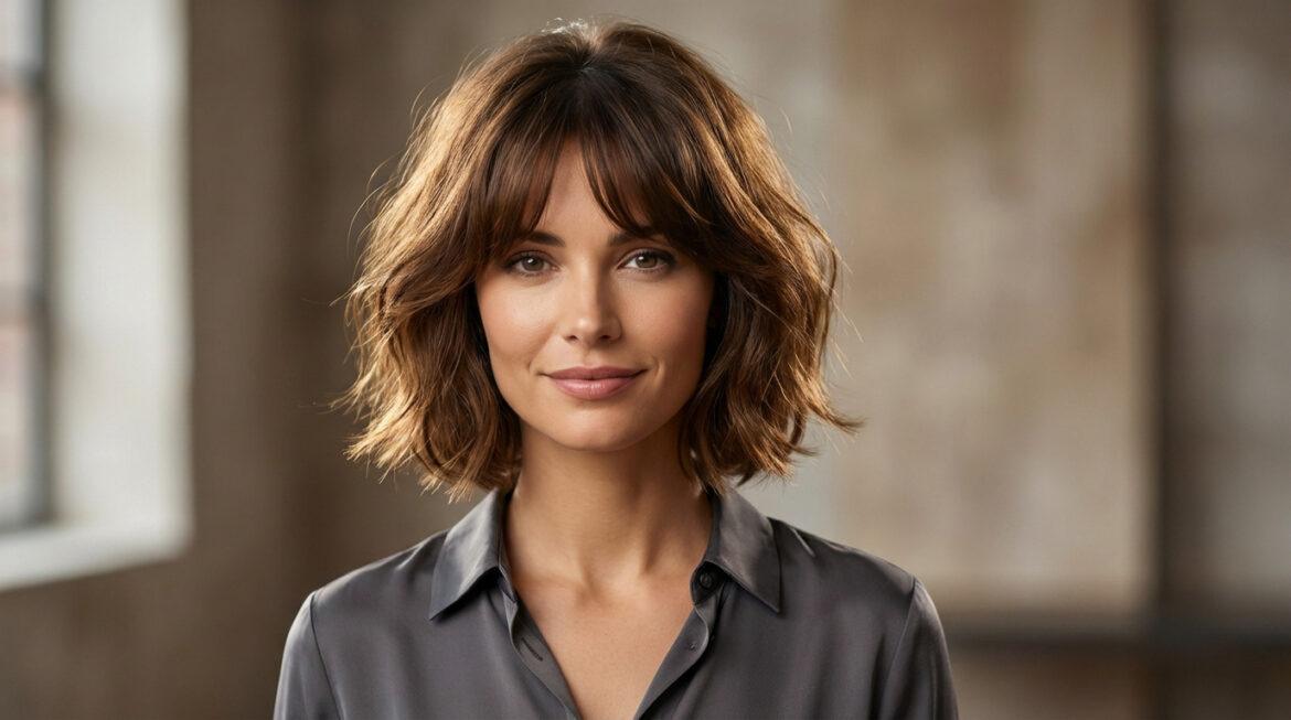 Le carré court frange rideau : la tendance vintage de 2026 Gros plan d'une femme souriante au carré court ondulé châtain, avec frange rideau, portant une chemise grise.