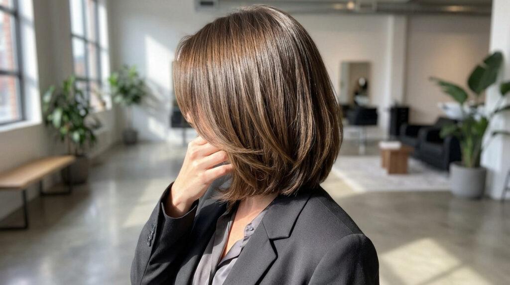 Femme de dos montrant un carré plongeant brun clair et brillant, avec du volume, dans un cadre de salon moderne et lumineux.