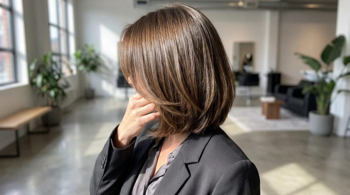 Femme de dos montrant un carré plongeant brun clair et brillant, avec du volume, dans un cadre de salon moderne et lumineux.