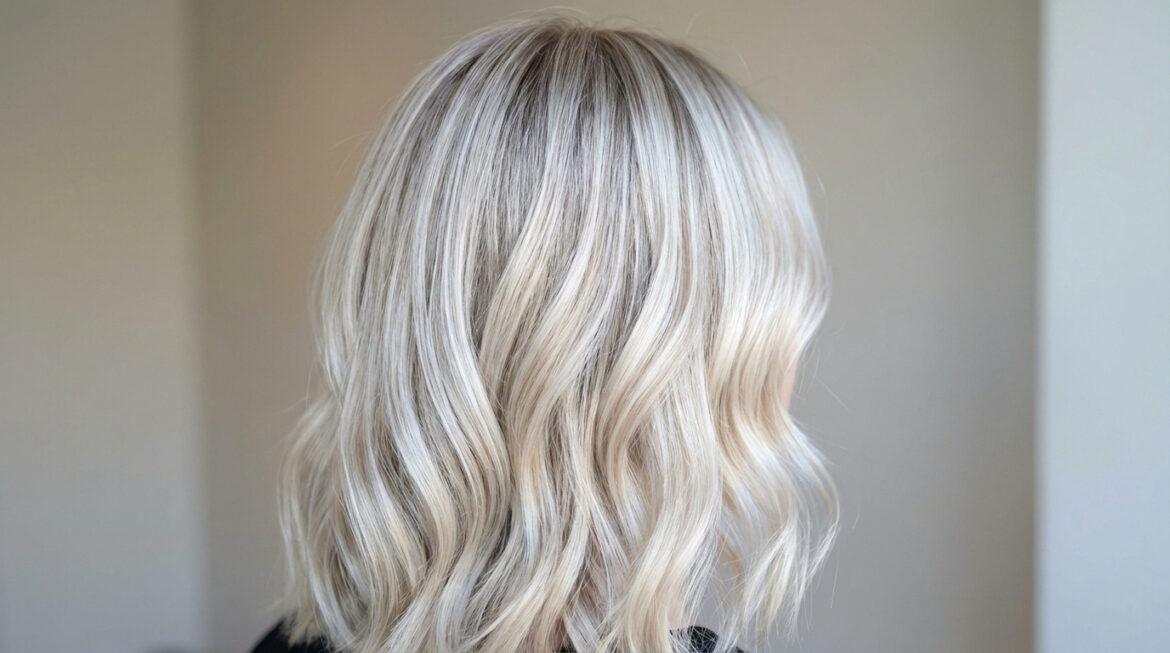 Vue arrière d'un balayage blond blanc sur cheveux courts ondulés, avec des racines naturelles apparentes. Effet lumineux.