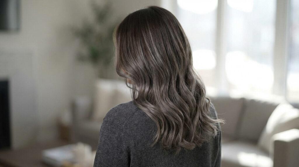Vue arrière d'une femme aux cheveux châtains avec un balayage gris cendré, coiffés en vagues souples, dans un intérieur lumineux.