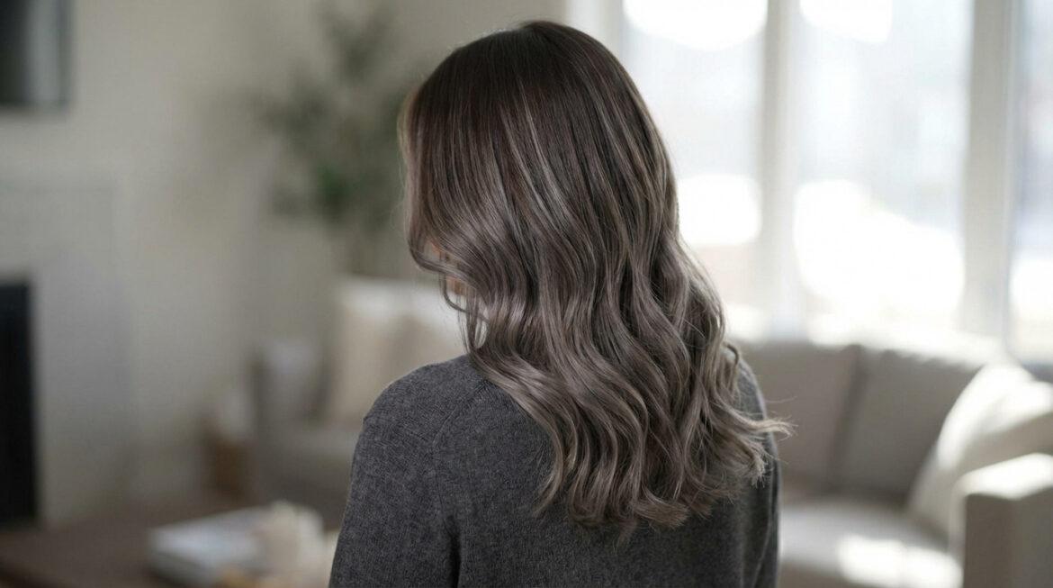 Vue arrière d'une femme aux cheveux châtains avec un balayage gris cendré, coiffés en vagues souples, dans un intérieur lumineux.