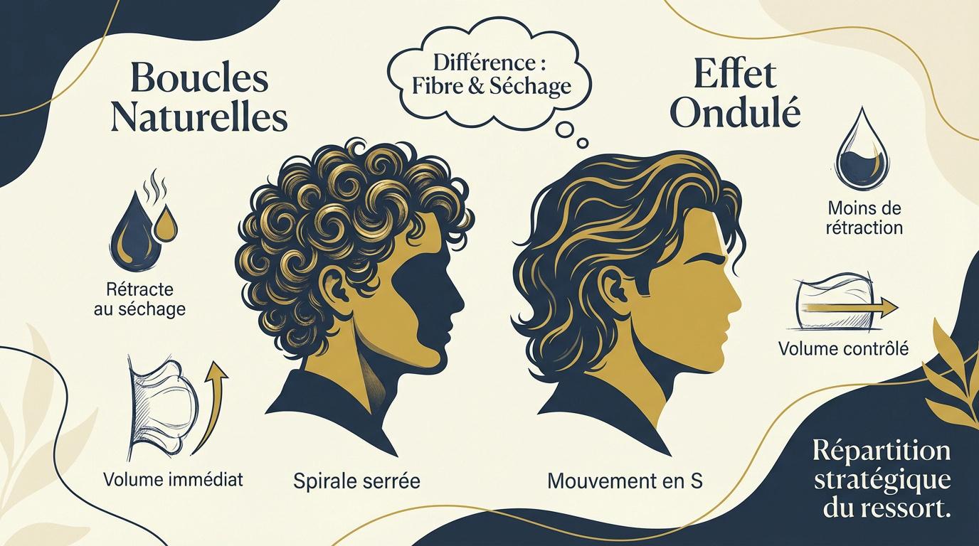 Comparaison visuelle entre des boucles d'homme bien définies et des ondulations légères
