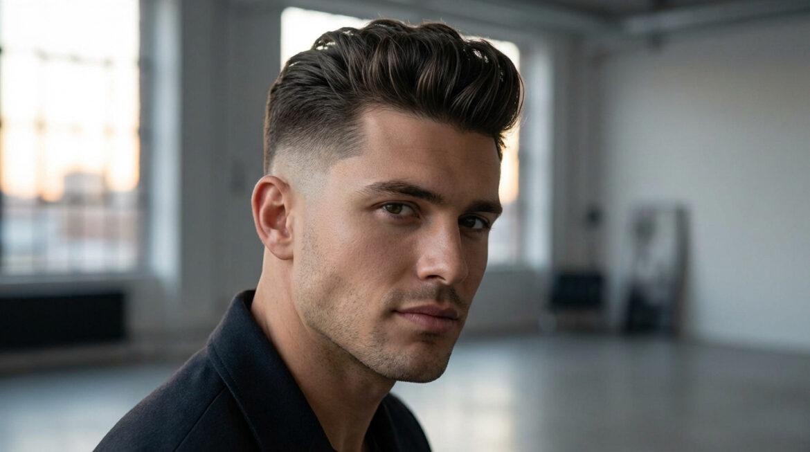 Portrait d'un jeune homme présentant une coupe taper haut soignée, avec un dégradé prononcé et des cheveux volumineux coiffés en arrière.