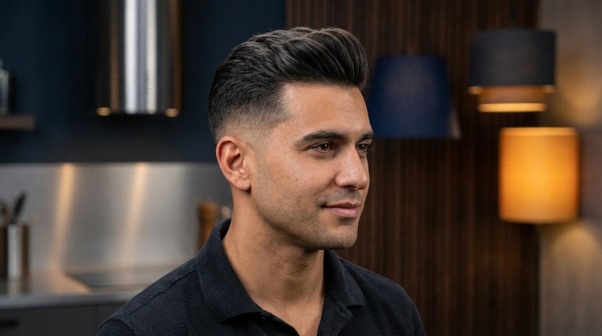 Jeune homme souriant avec un dégradé espagnol élégant, cheveux foncés volumineux sur le dessus et côtés courts. Fond flou.