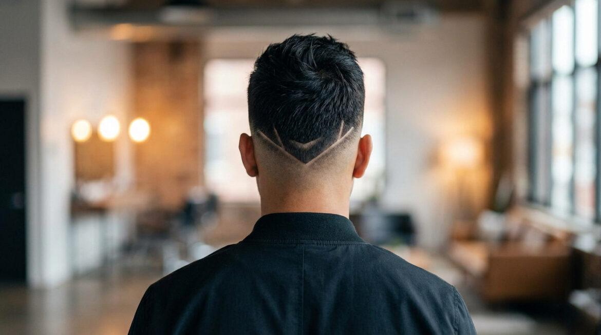 Vue arrière d'un homme avec une coupe dégradée foncée et un double motif en V rasé dans la nuque. Fond intérieur flou.