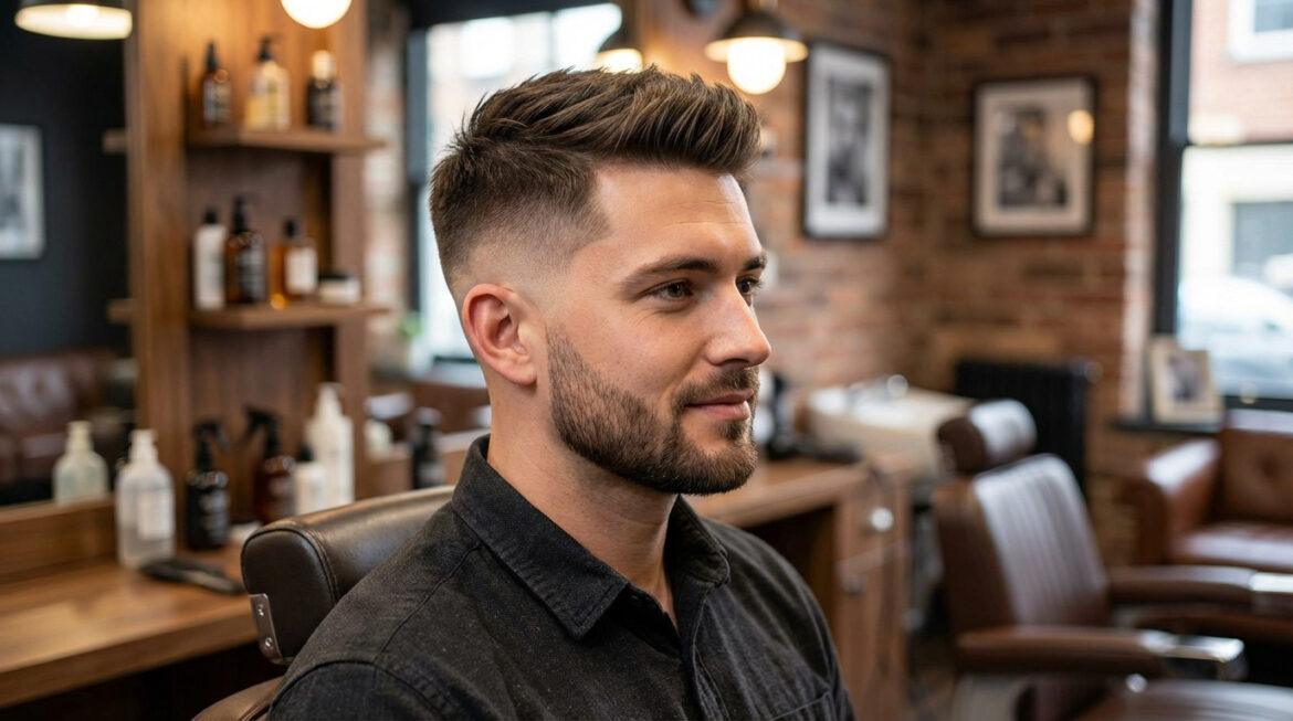 Un jeune homme souriant avec une coupe de cheveux taper fade et une barbe bien taillée, assis dans un fauteuil de barbier moderne.