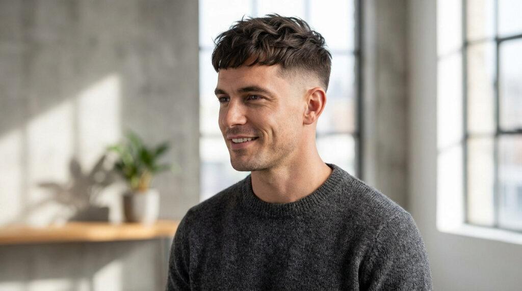 Jeune homme souriant de profil avec une coupe French Crop moderne et un dégradé prononcé, portant un pull gris.
