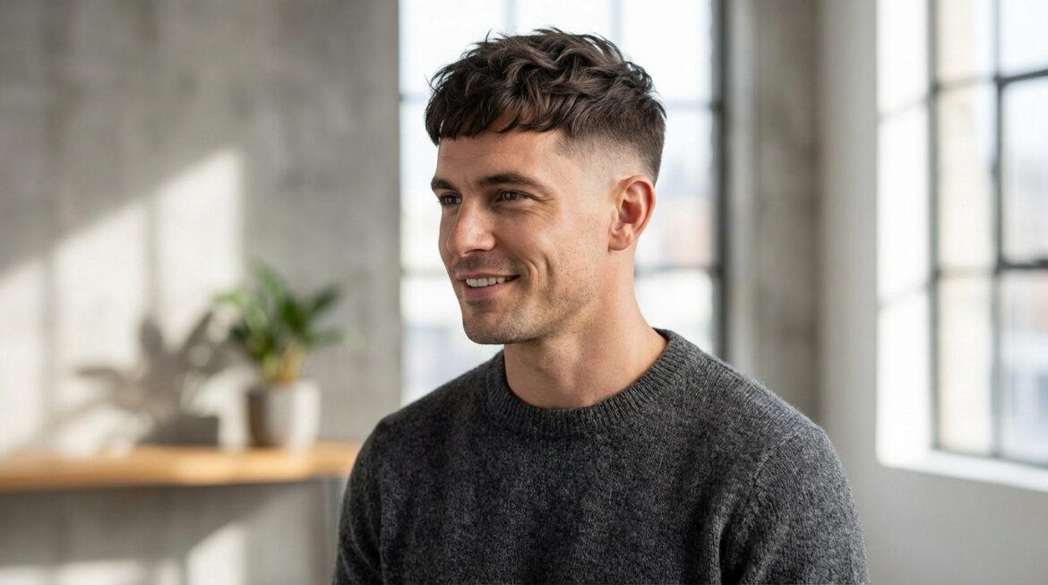 Jeune homme souriant de profil avec une coupe French Crop moderne et un dégradé prononcé, portant un pull gris.