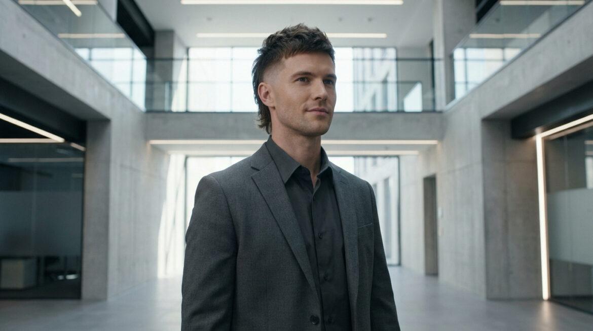 Jeune homme blanc aux cheveux mulets modernes et veste grise dans un bureau moderne et lumineux.