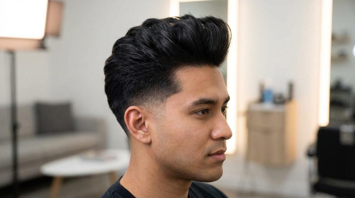 Jeune homme montrant une coiffure moderne blow out taper avec cheveux foncés et côtés dégradés. Vue de profil élégante.