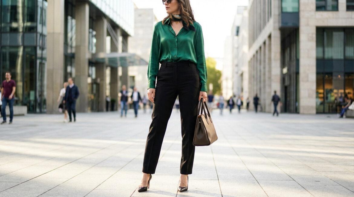 Femme élégante en chemise vert émeraude, pantalon noir, talons et sac à main, posant dans une rue urbaine moderne.
