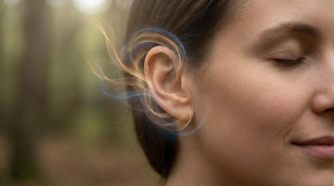 Gros plan sur l'oreille droite d'une femme, des volutes d'énergie dorée et bleue en émanent. Ses yeux sont clos.