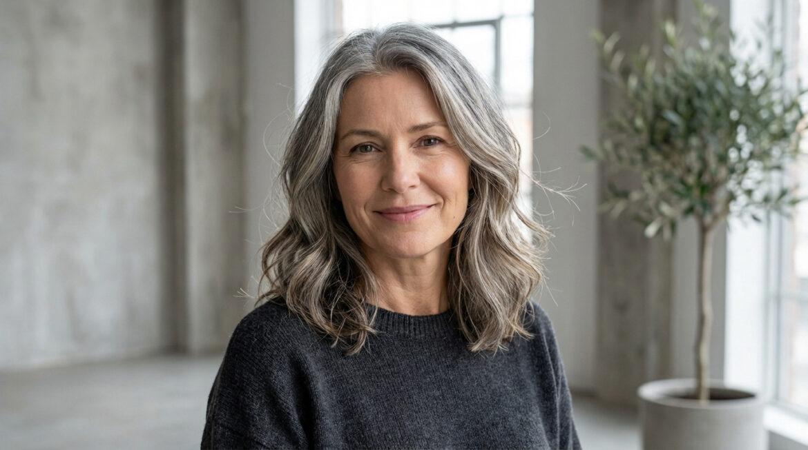 Portrait d'une femme souriante d'âge mûr, aux cheveux gris ondulés et au regard confiant, portant un pull foncé.