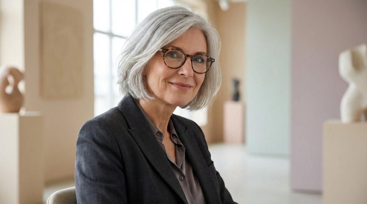 Femme élégante de 50 ans avec bob gris ondulé et lunettes, souriante dans un intérieur moderne.