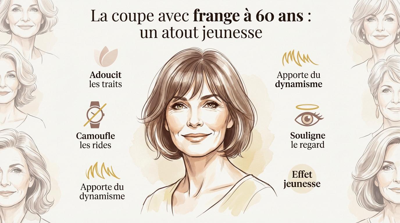 Femme de 60 ans élégante portant une coupe avec frange moderne