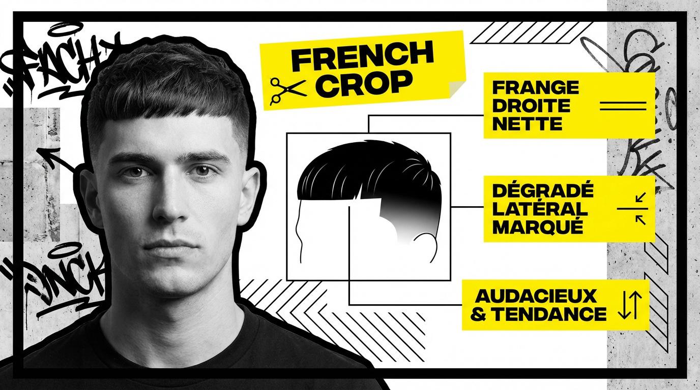 Homme portant une coupe French crop avec dégradé latéral et frange droite texturée