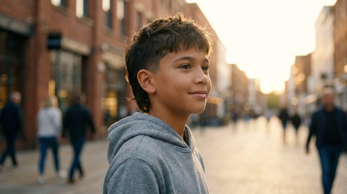 Un jeune garçon aux cheveux bruns avec une coupe de cheveux moderne et dégagée sur les côtés, souriant, dans une rue animée.