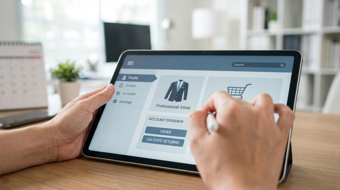 Personne gérant son compte d'habillement professionnel sur une tablette. L'écran affiche les options de commande et de retour.