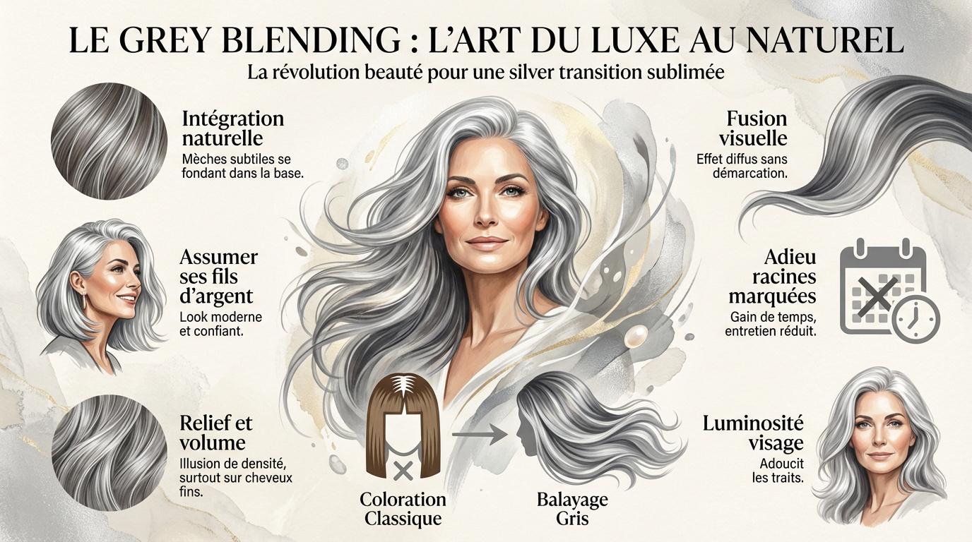Femme élégante avec un balayage gris naturel et lumineux