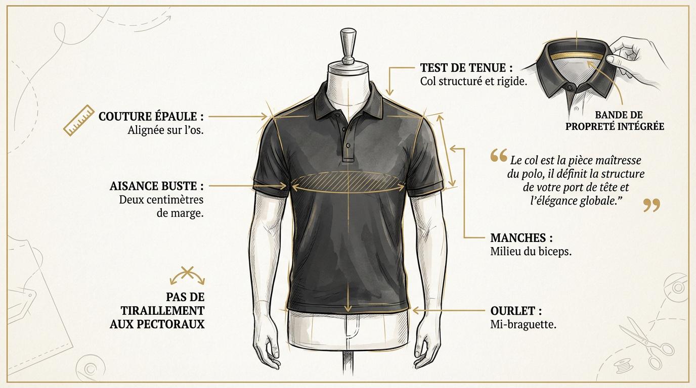 Schéma explicatif de l'ajustement idéal d'un polo pour homme au niveau des épaules et des manches
