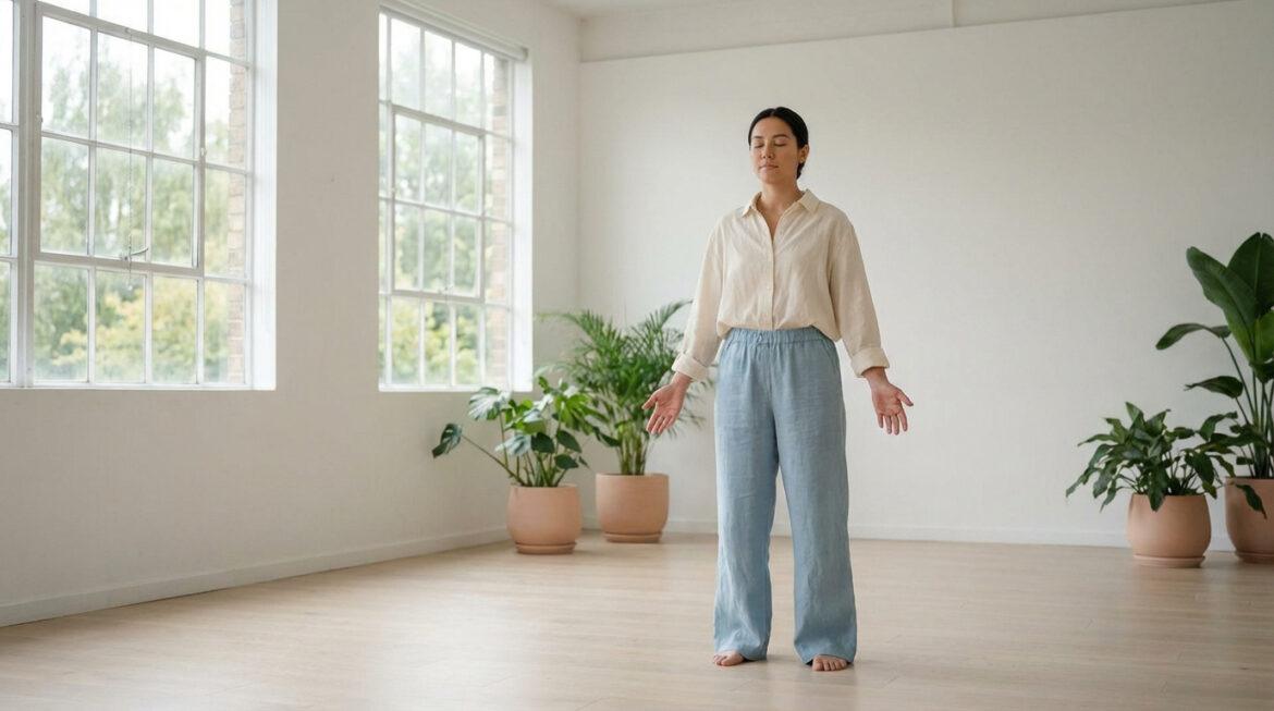 Femme méditant pieds nus, yeux clos, bras ouverts, dans une pièce lumineuse avec fenêtres et plantes vertes. Sentiment de calme.