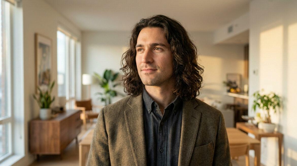Jeune homme aux cheveux longs ondulés, veste marron, chemise grise, souriant, dans un appartement moderne et lumineux.