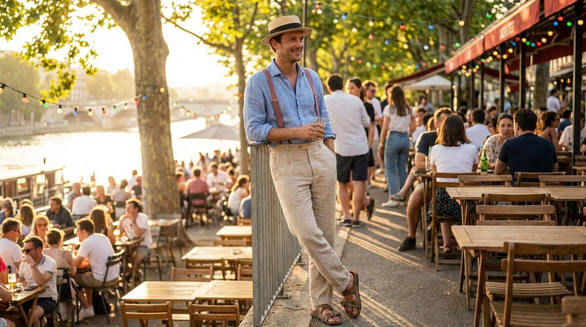 Homme en canotier, chemise lin et bretelles souriant dans une ambiance guinguette festive au bord de l'eau. Nombreuse foule.