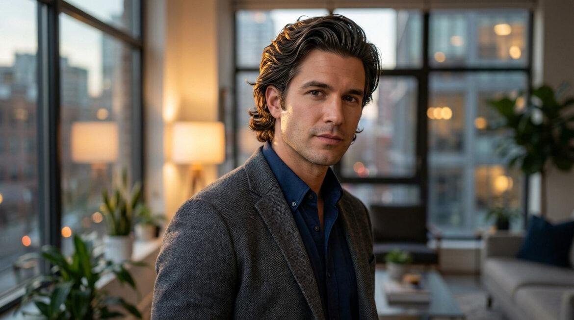 Portrait d'un homme à la coupe mi-longue ondulée, regardant l'objectif. Il porte une chemise bleue et une veste grise dans un intérieur moderne.