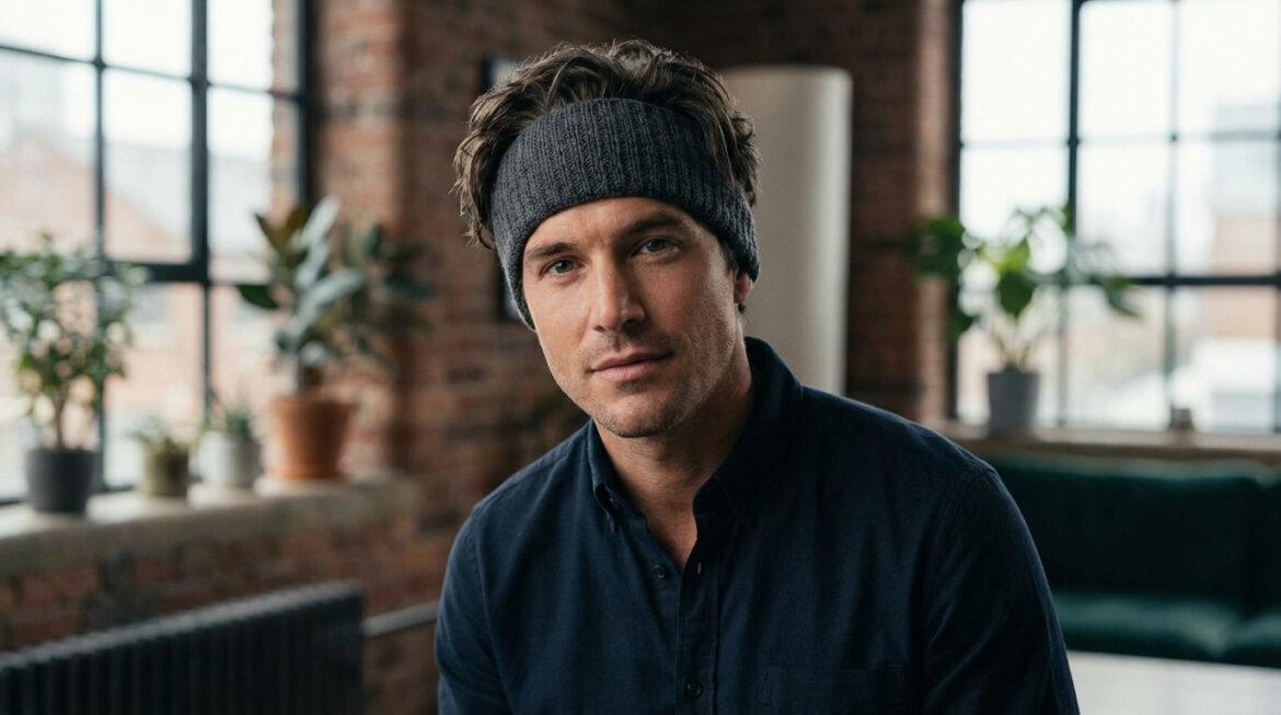 Homme caucasien aux cheveux bruns portant un serre-tête tricoté gris anthracite et une chemise bleue. Il fixe l'objectif dans un intérieur lumineux.