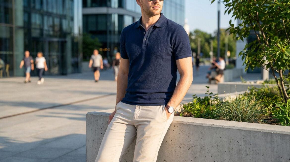 Un homme porte un polo bleu marine texturé, un pantalon beige et une montre. Il est assis à l'extérieur, ambiance urbaine.