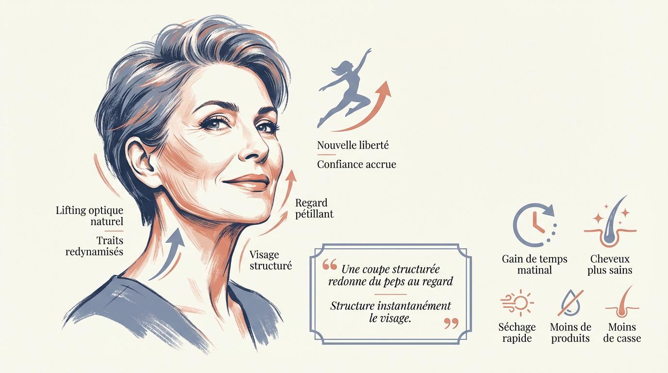 Femme élégante de 60 ans avec une coupe courte dynamique effet lifting