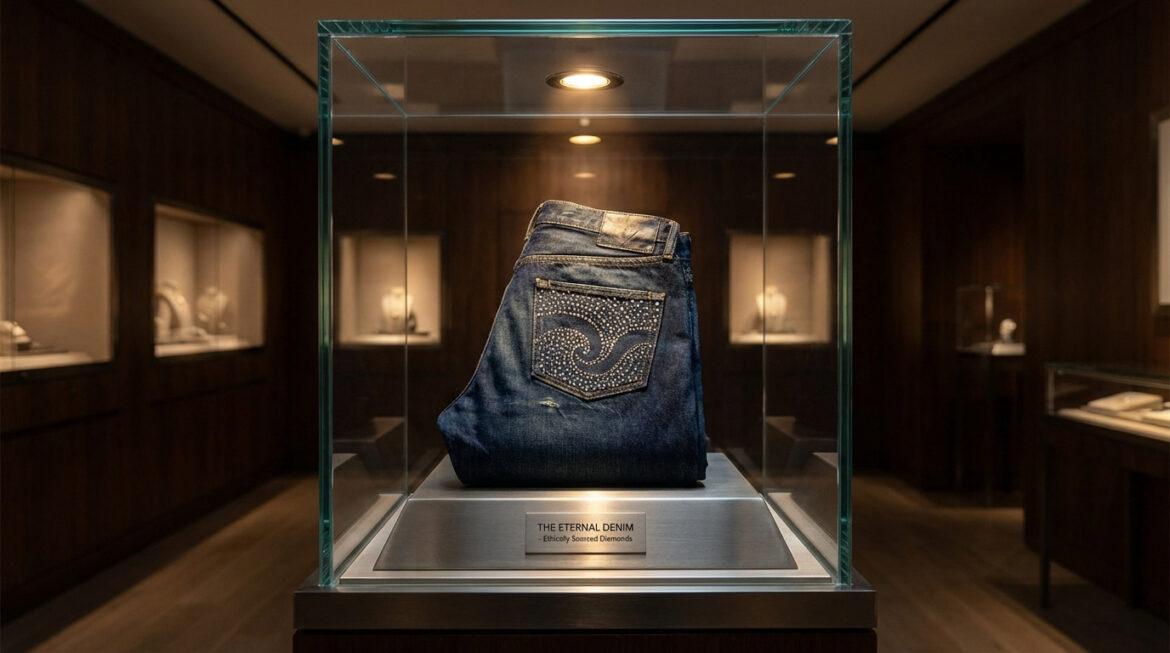 Jean bleu The Eternal Denim orné de diamants éthiques sur la poche arrière, exposé dans une vitrine de luxe en magasin.