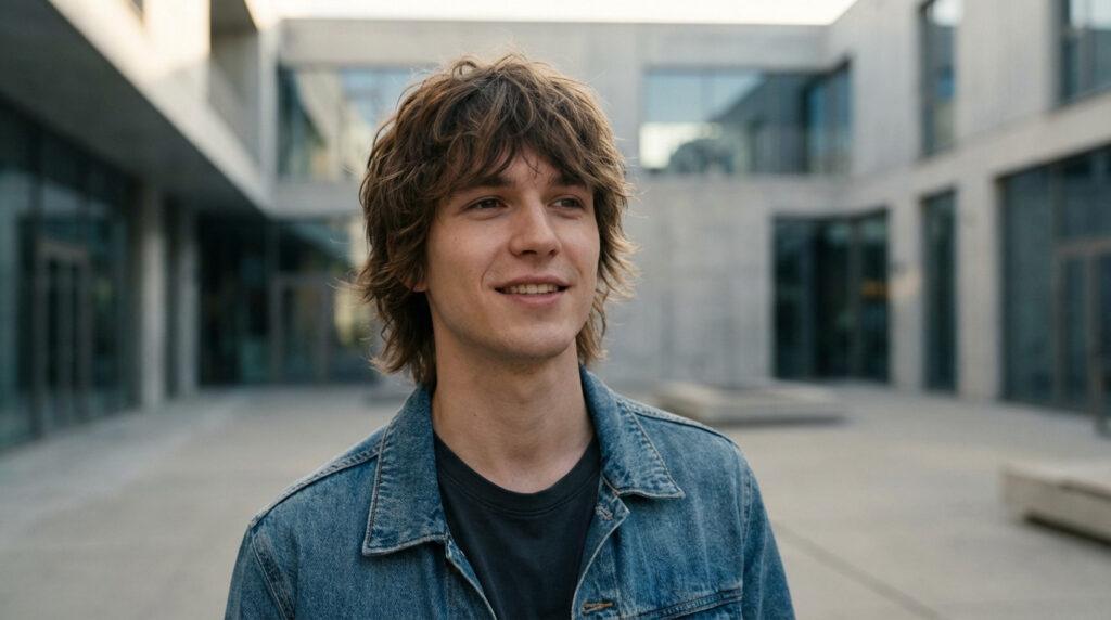 Un jeune homme souriant avec une coupe wolf cut déstructurée, portant une veste en jean, sur fond de bâtiment moderne.
