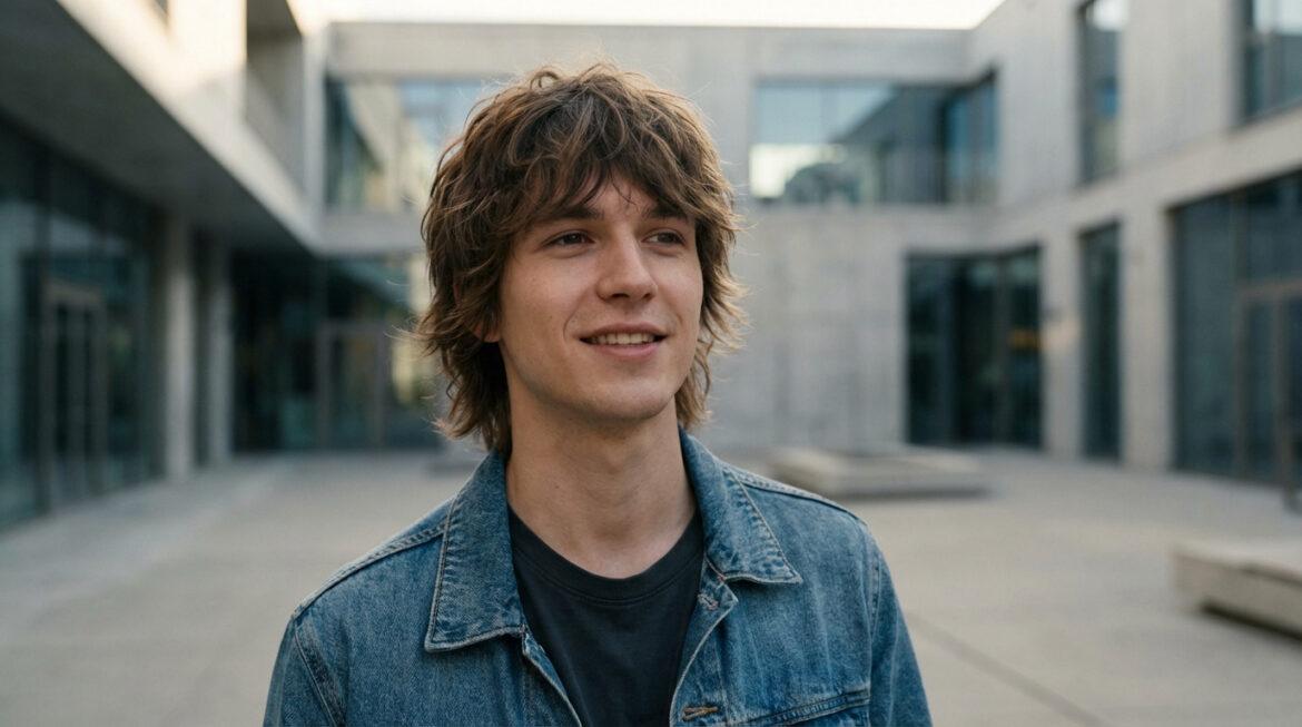 Un jeune homme souriant avec une coupe wolf cut déstructurée, portant une veste en jean, sur fond de bâtiment moderne.